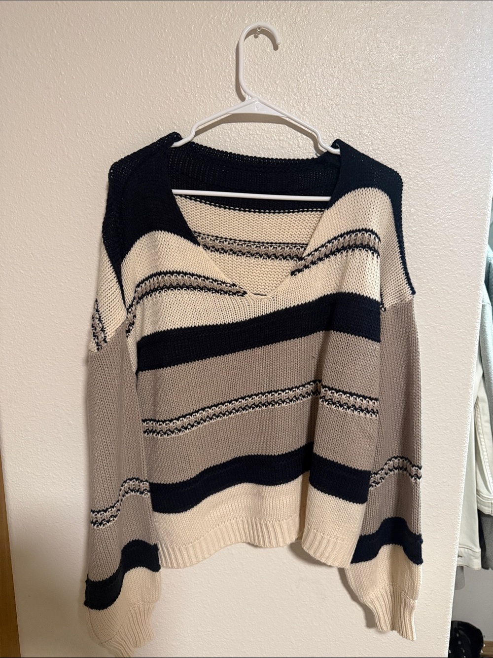 Relaxed V-Neck Stripe Sweater in Cream, Navy & Taupe